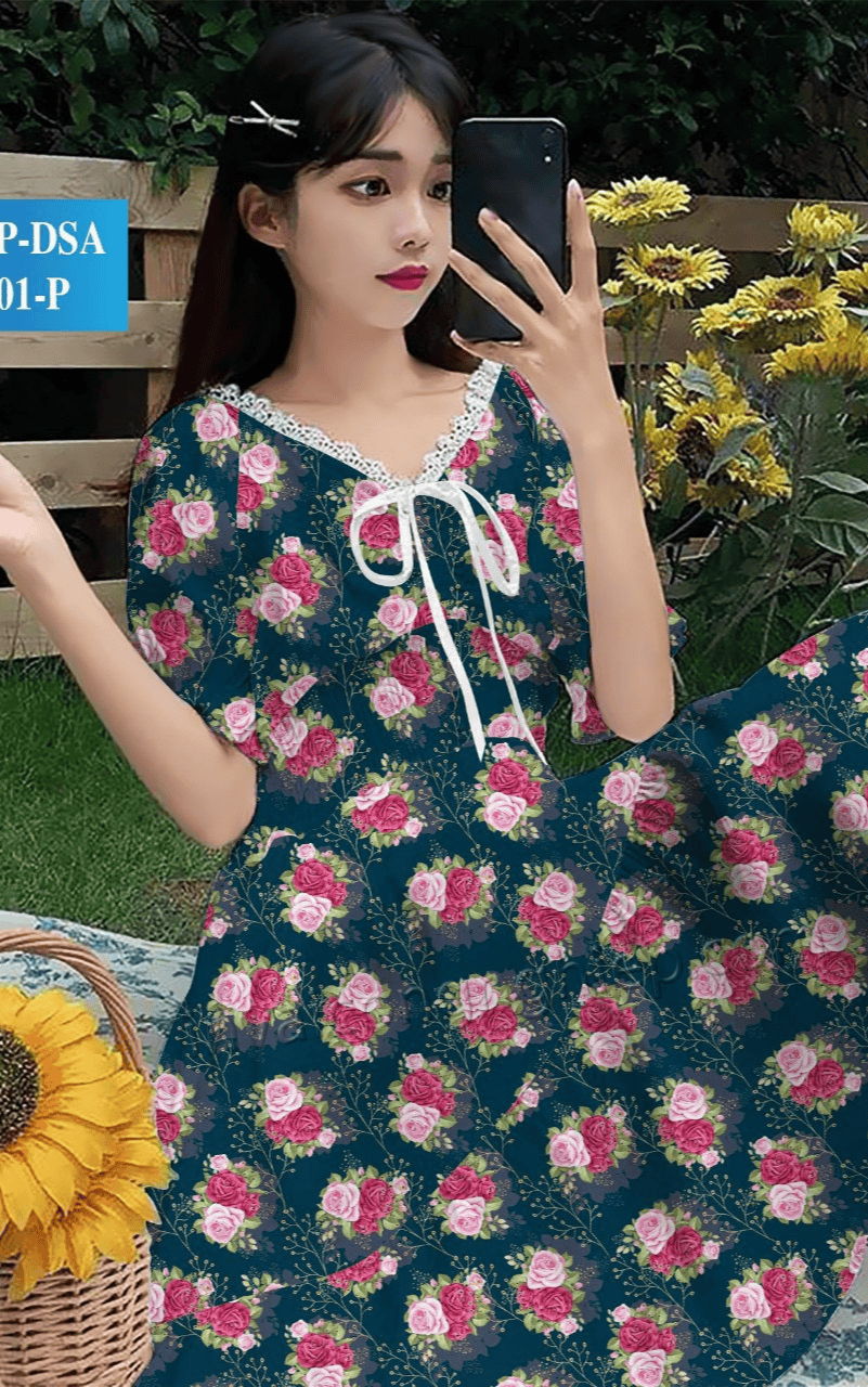 in áo đầm cổ v hoa nhí